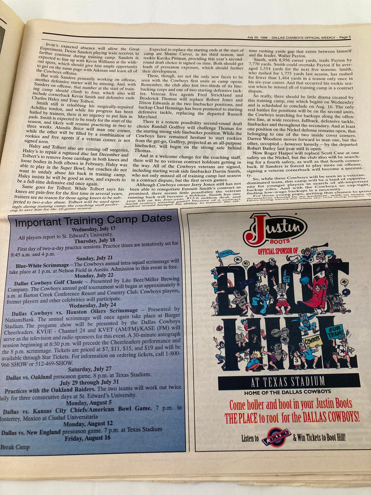 Dallas Cowboys Weekly Newspaper July 20 1996 Vol 22 #6 highlighting important training camp dates and information regarding Dallas Cowboys practice schedules.