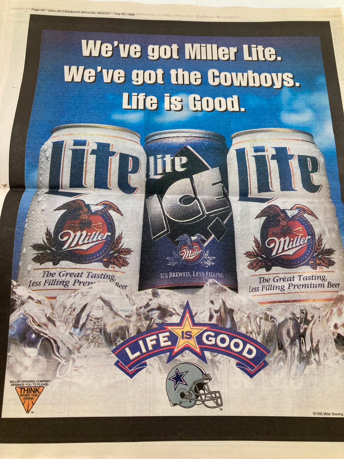 Dallas Cowboys Weekly Newspaper July 20 1996 Vol 22 #6 featuring a Miller Lite advertisement with a Cowboys theme, emphasizing the connection between the Cowboys and the beverage.