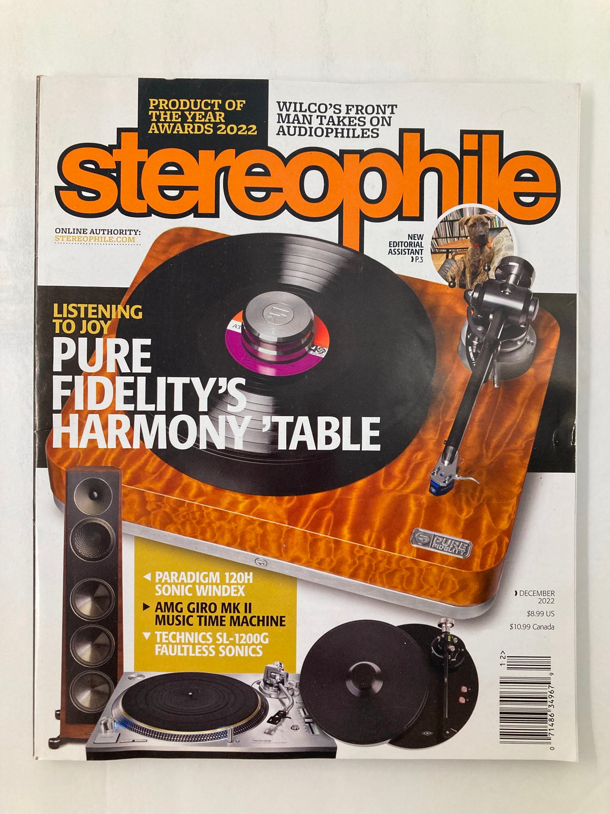 Cover of Stereophile Magazine December 2022 featuring 'Fidelity's Harmony Table' with a vinyl record and audio equipment, showcasing high-fidelity audio culture.