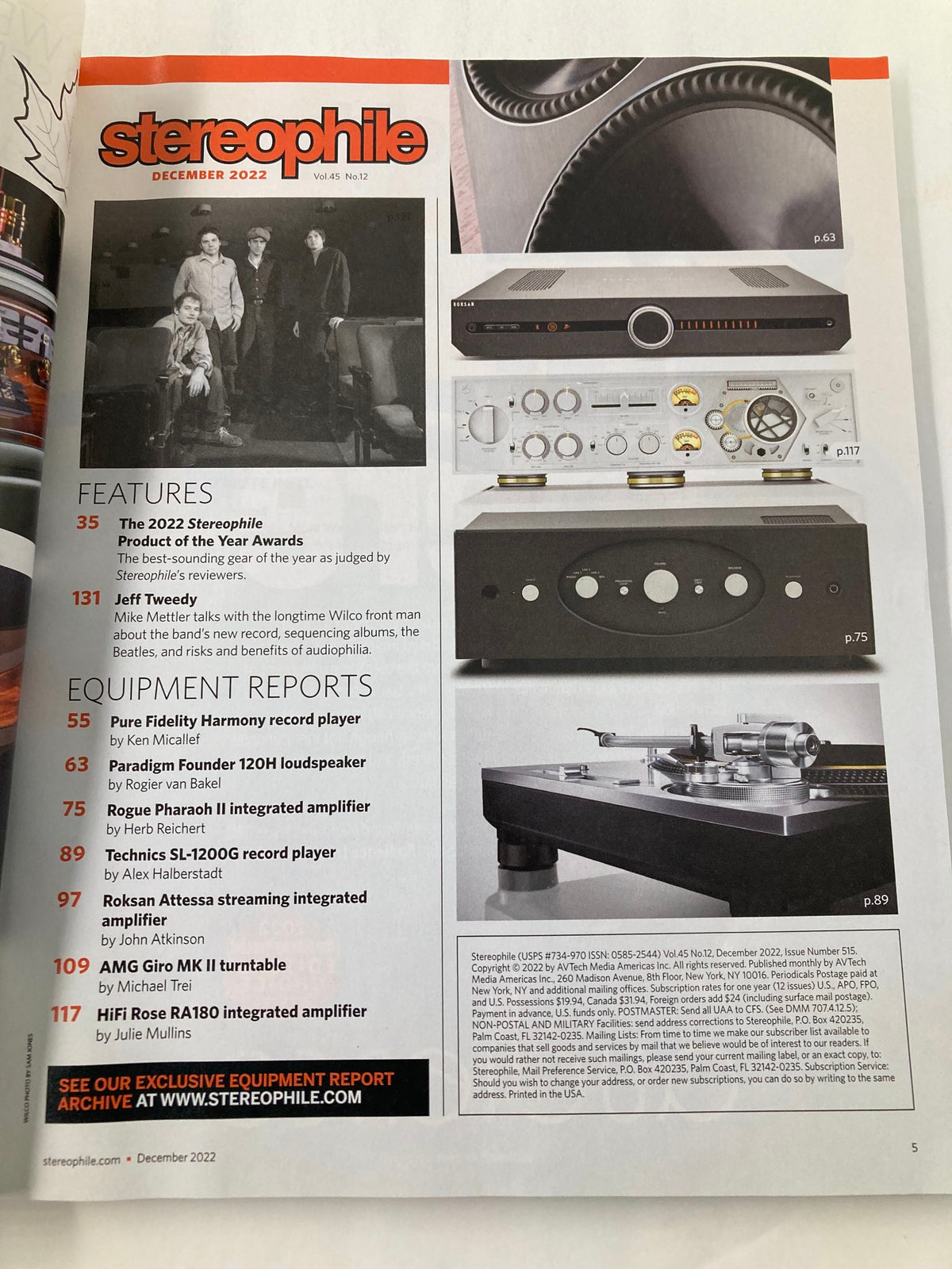 Inside spread of Stereophile Magazine December 2022, showcasing features and equipment reports relevant to audiophiles, emphasizing the theme 'Fidelity's Harmony Table'.