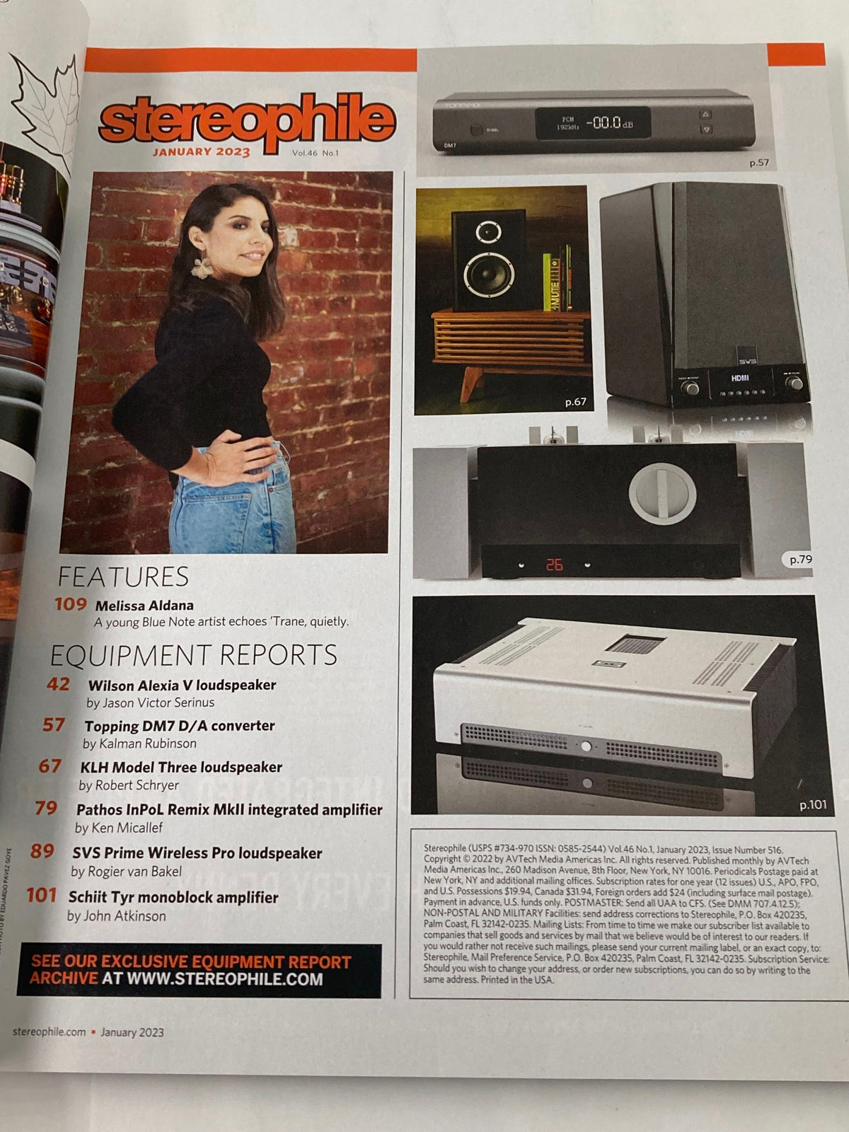 Interior page of Stereophile Magazine January 2023 Vol 46 #1, highlighting features and equipment reports related to high-fidelity audio.