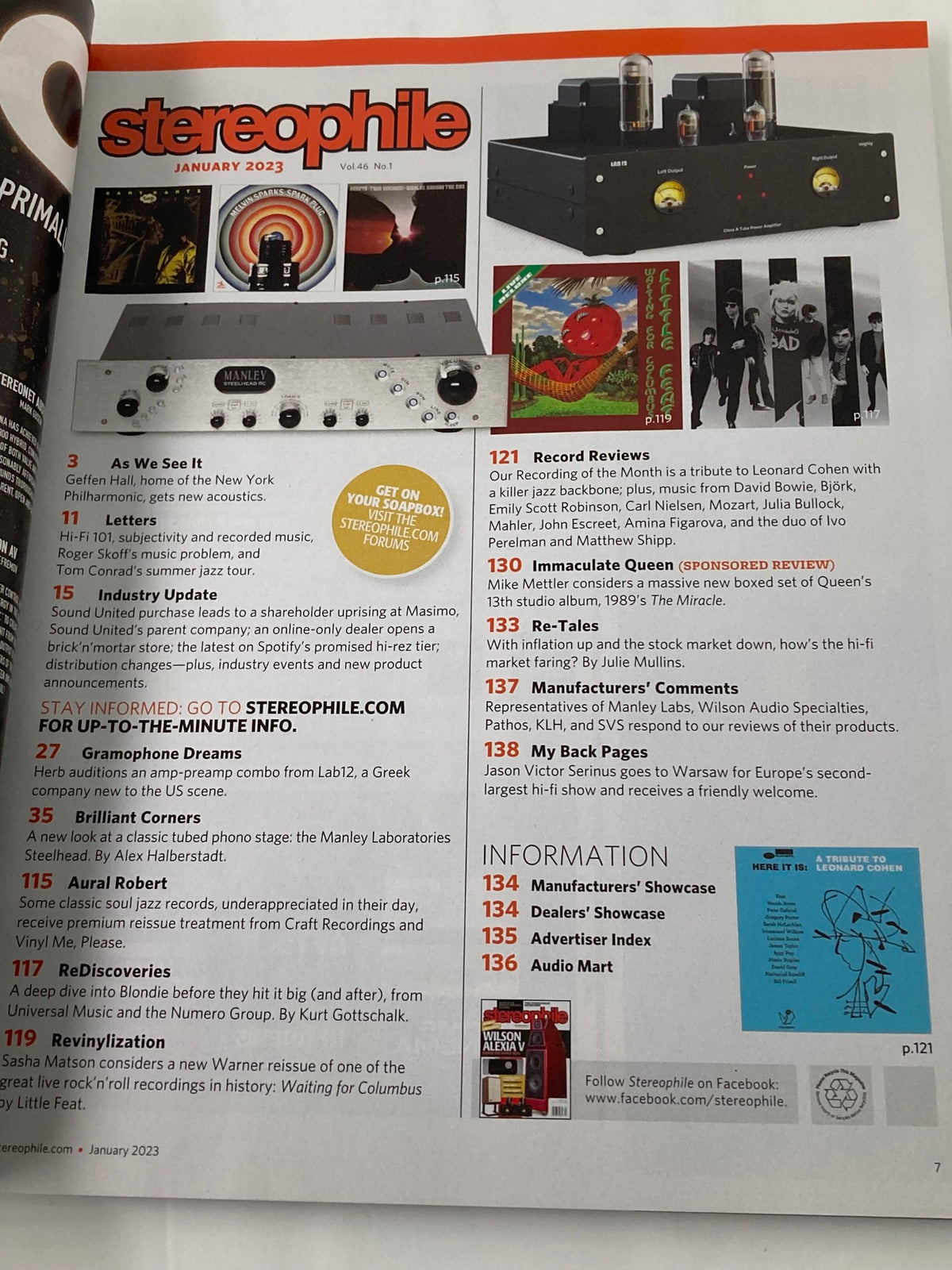 Stereophile Magazine January 2023 Vol 46 #1 featuring advertisements, reviews, and audio equipment highlights, including Wilson Alexia V speakers. Perfect for audiophiles and vintage magazine collectors.