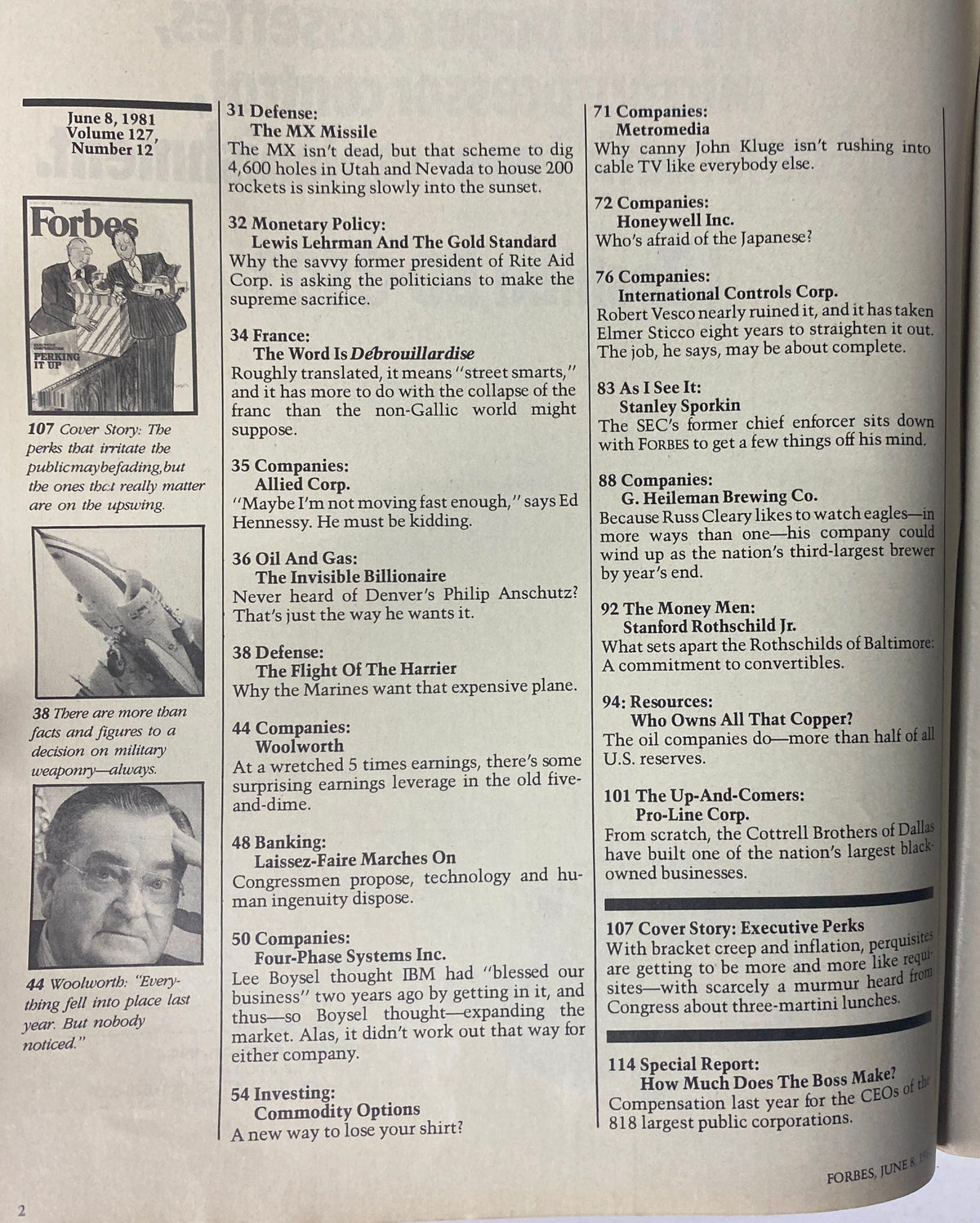 Forbes Magazine June 8, 1981 Executive Compensation Perking It Up feature article, showcasing various sections on economic trends, corporate governance, and executive perks.
