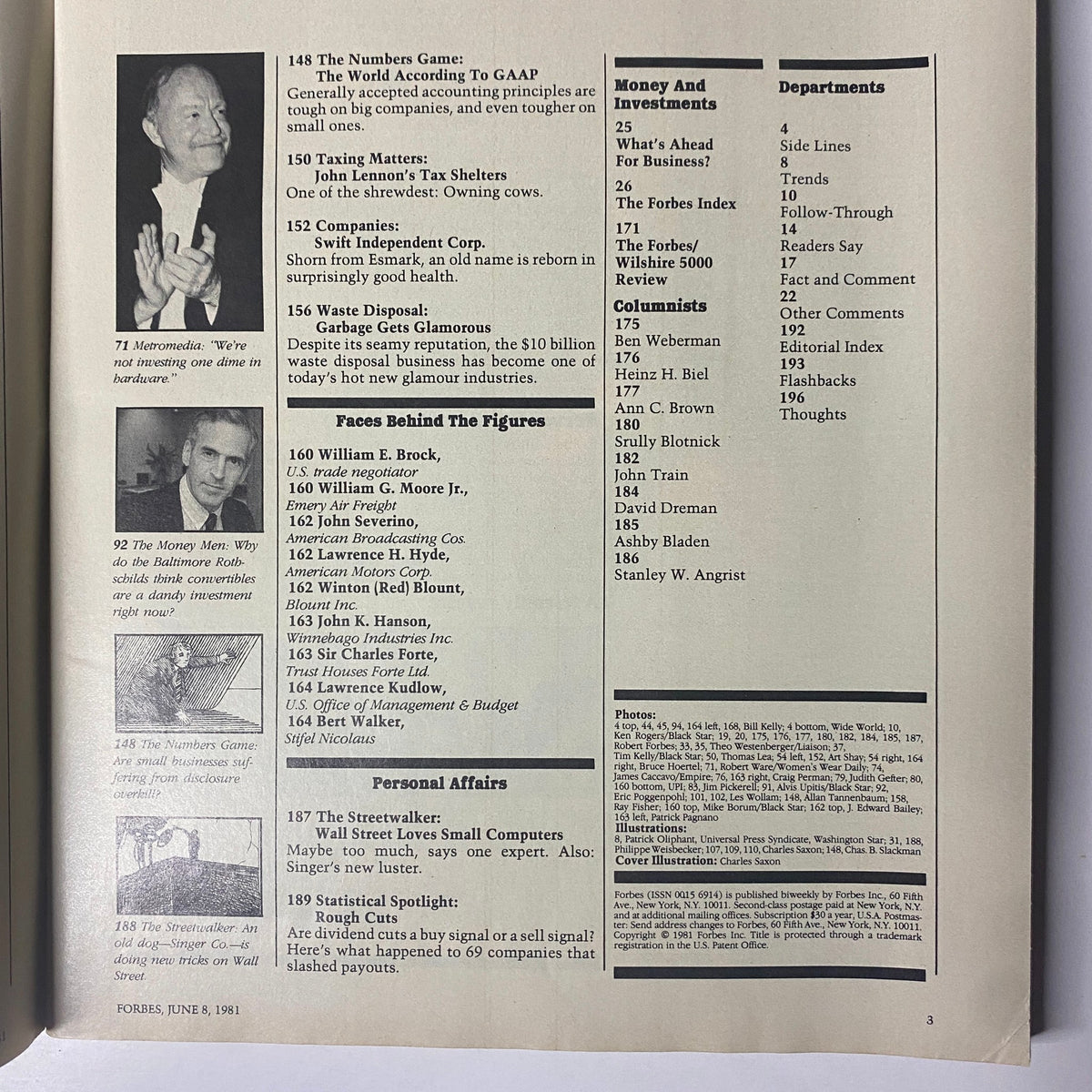 Inside pages of Forbes Magazine June 8, 1981, displaying articles and columns related to companies, personal affairs, and financial matters, emphasizing the economic climate of the early 1980s.