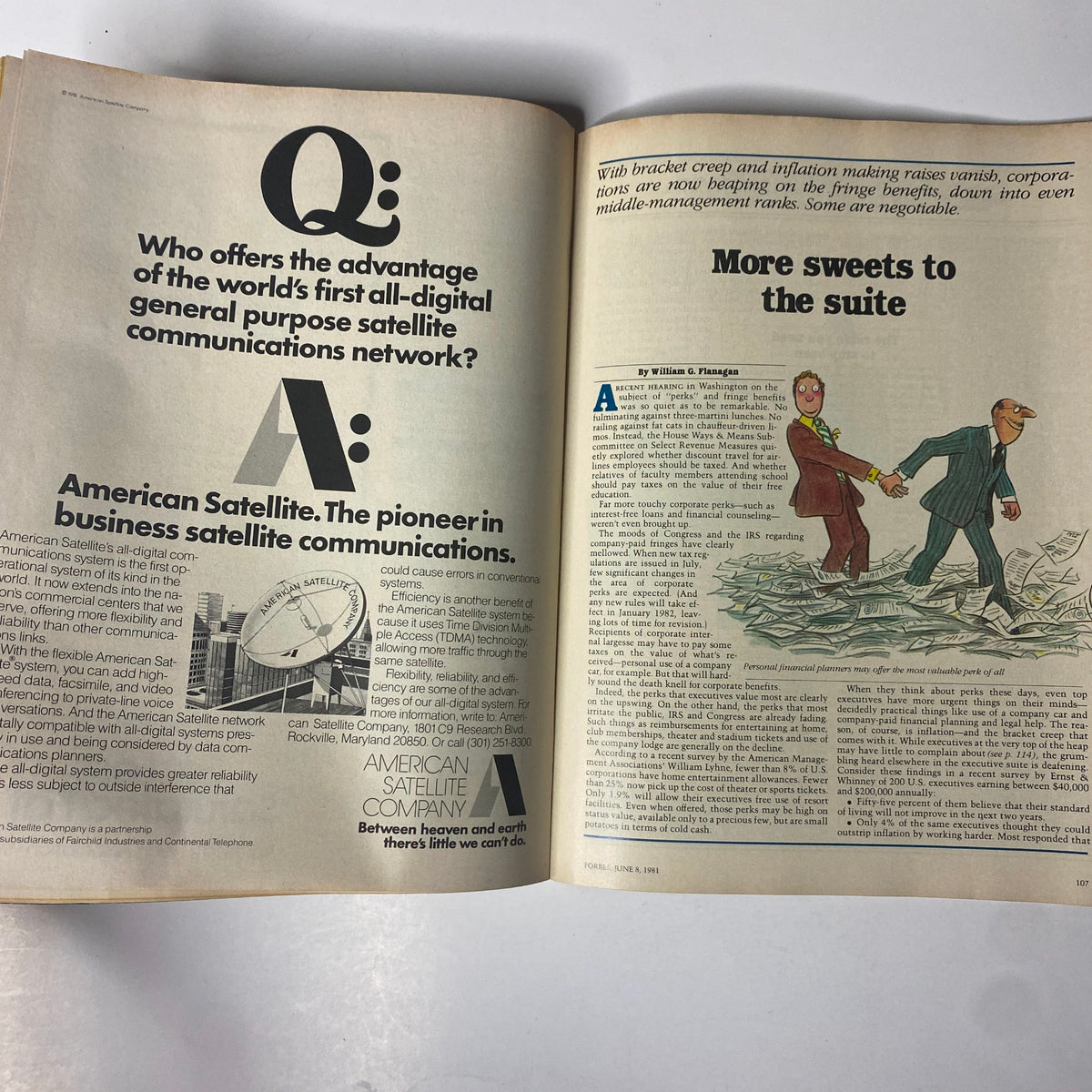 Page from Forbes Magazine June 8, 1981, featuring a Q&A format article discussing the advantages of American Satellite, highlighting advancements in business satellite communications.
