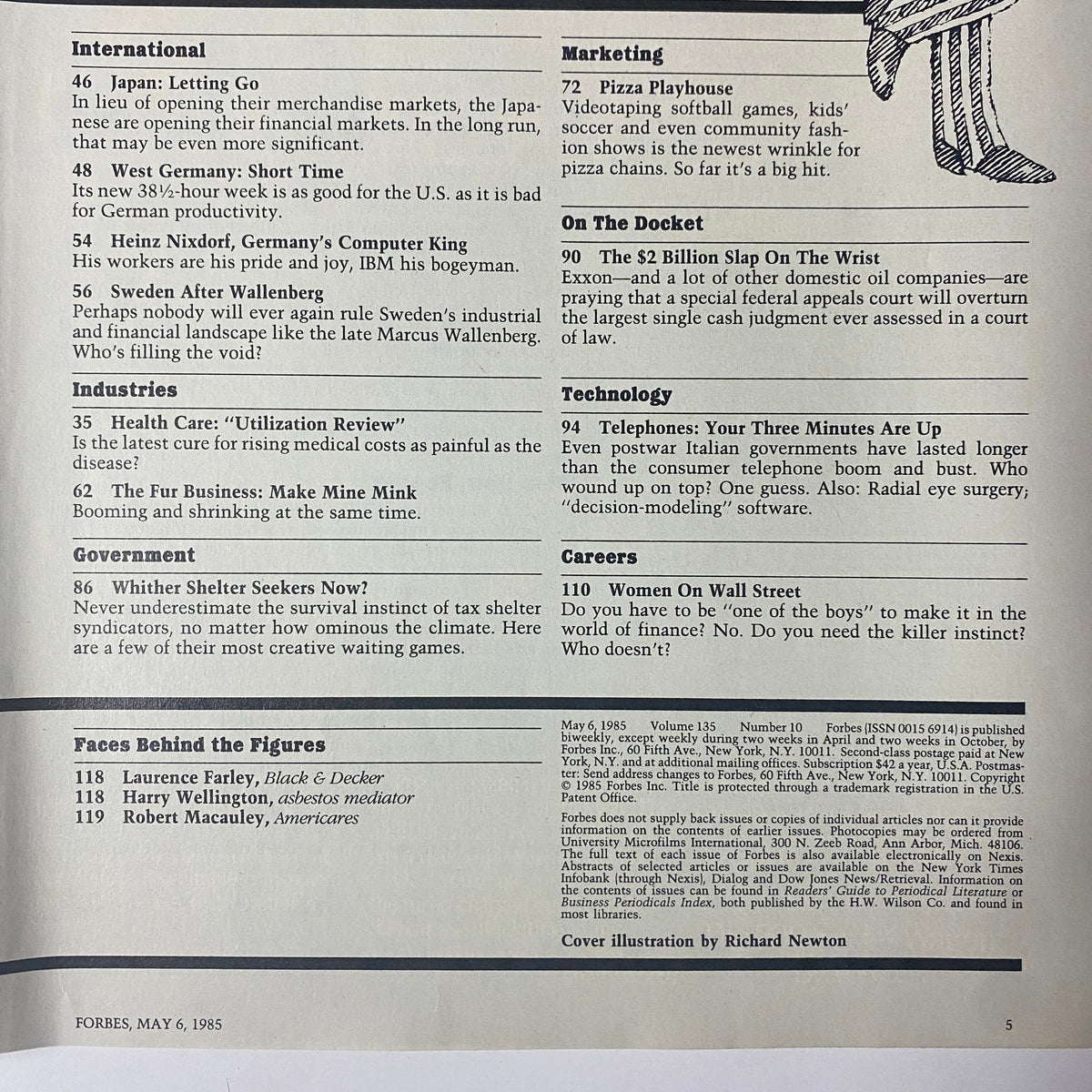 An inside page of Forbes Magazine dated May 6, 1985, showcasing various article titles and sections including international news, industries, marketing, technology, and careers, highlighting the magazine's focus on the financial climate during that time.