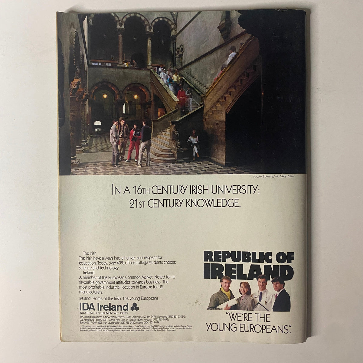 The back cover of Forbes Magazine dated May 6, 1985, featuring an advertisement for a 16th-century Irish university promoting education and modern knowledge.