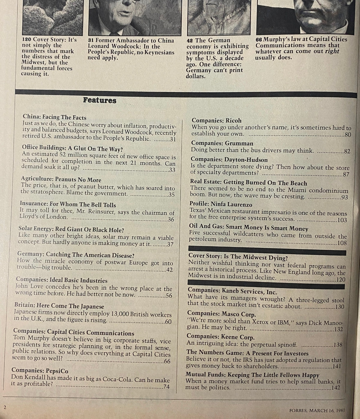 Contents page of Forbes Magazine March 16, 1981 showing featured articles including 'Is The Midwest Dying?' and other economic topics.