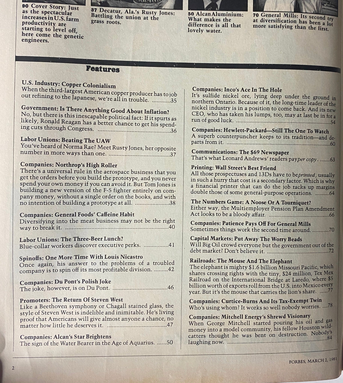Interior page showcasing features list from Forbes Magazine, March 2, 1981, including articles on U.S. Industry and Labor Unions, highlighting significant topics relevant to the early 1980s economic landscape.
