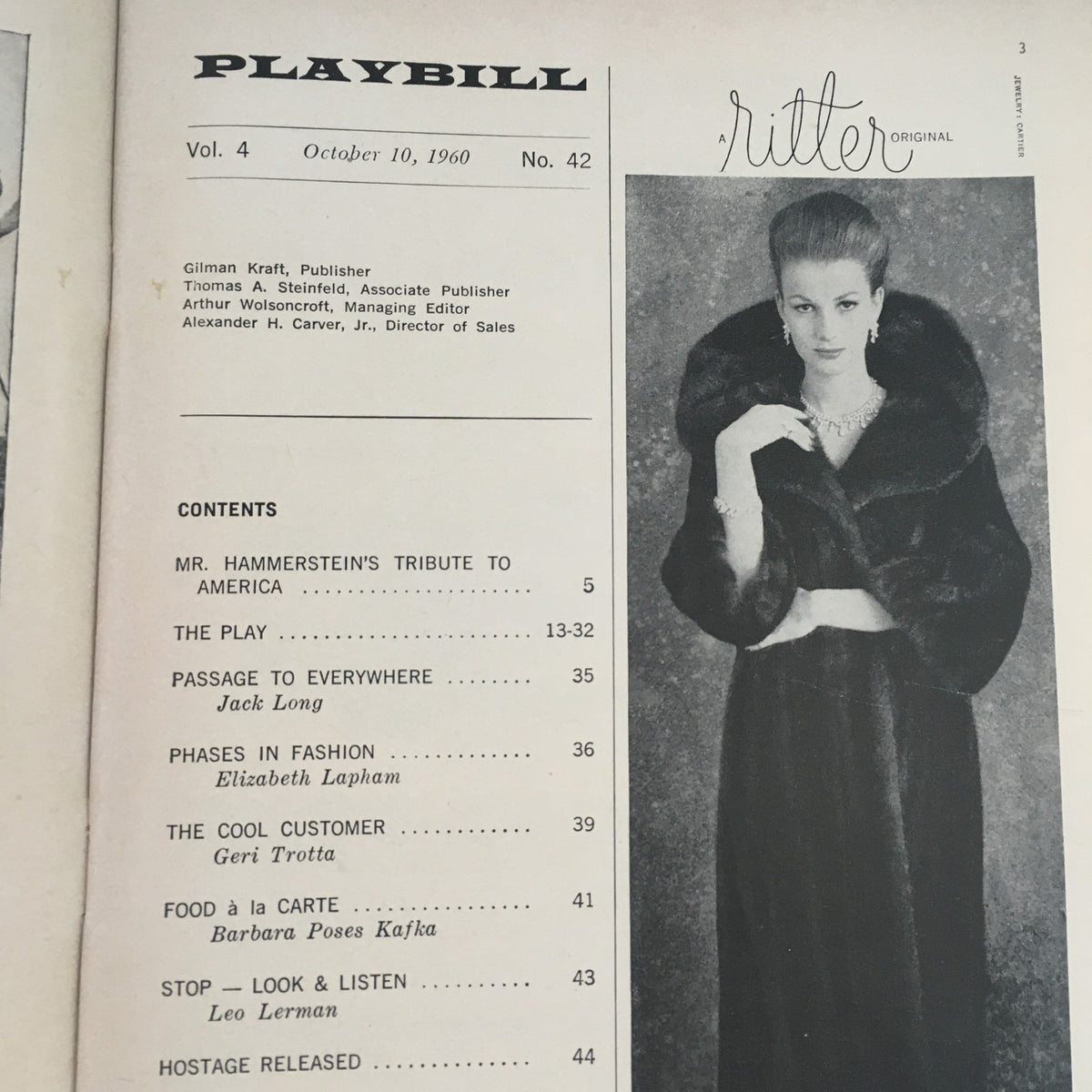 1960 Playbill for The Miracle Worker featuring a stylish woman in a vintage fur coat, showcasing classic theatrical design elements.