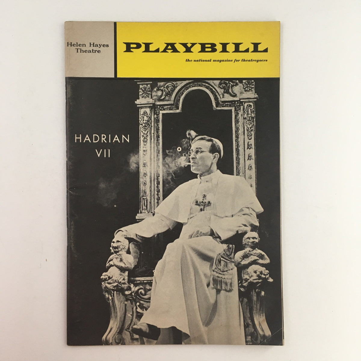 1969 Playbill for Hadrian VII, featuring a black and white portrait of a character sitting in ornate attire, directed by Peter Dews at the Helen Hayes Theatre.