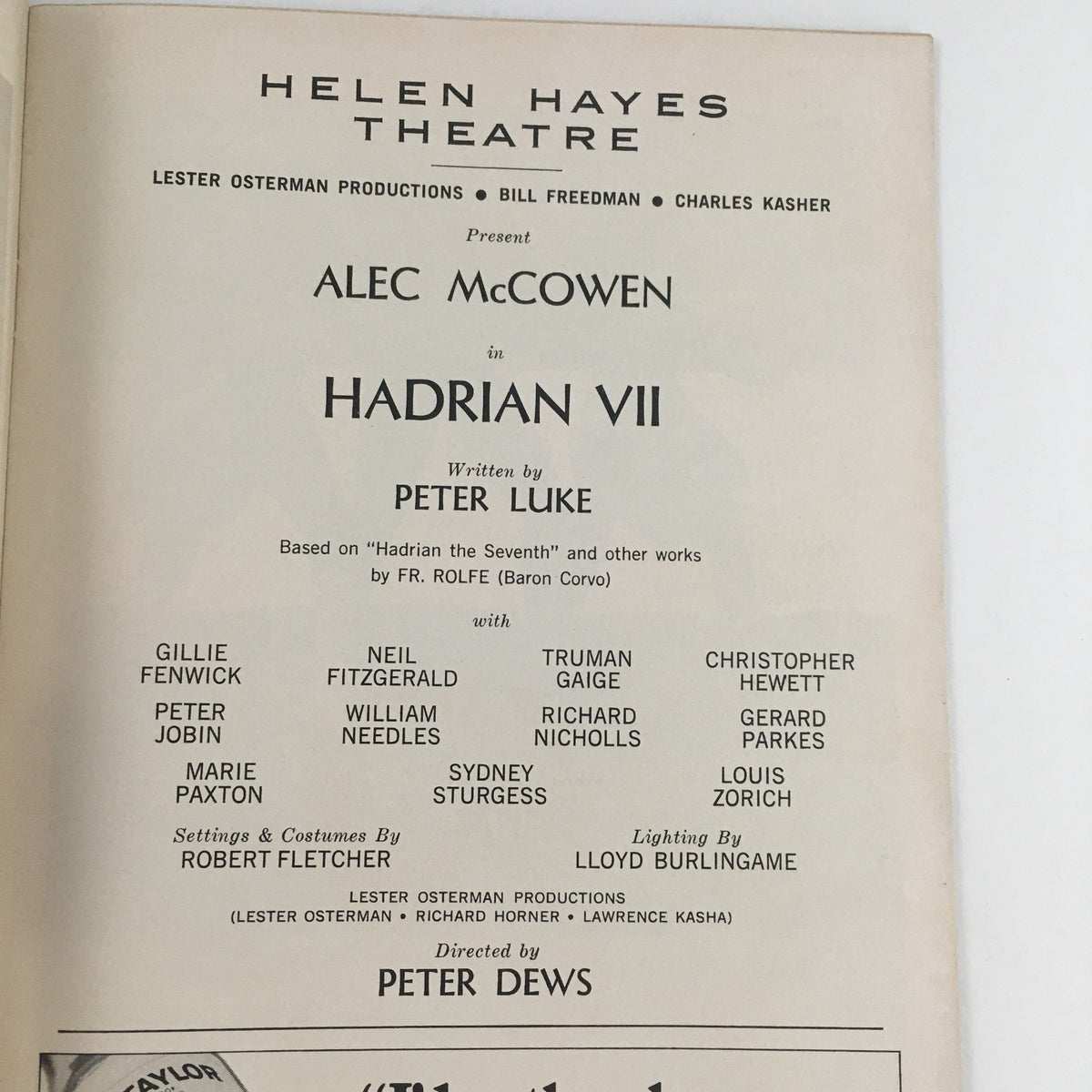 Inside page of the 1969 Playbill for Hadrian VII, showcasing cast and production details, including contributions from Alec McCowen and Peter Dews.