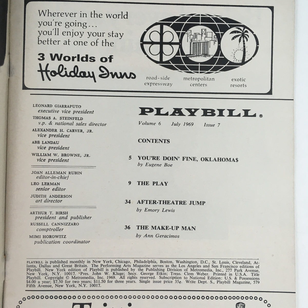 1969 Playbill for 'The Front Page' by Harold J. Kennedy, showcasing the contents from Volume 6, July 1969, Issue 7, including notable contributions and features.