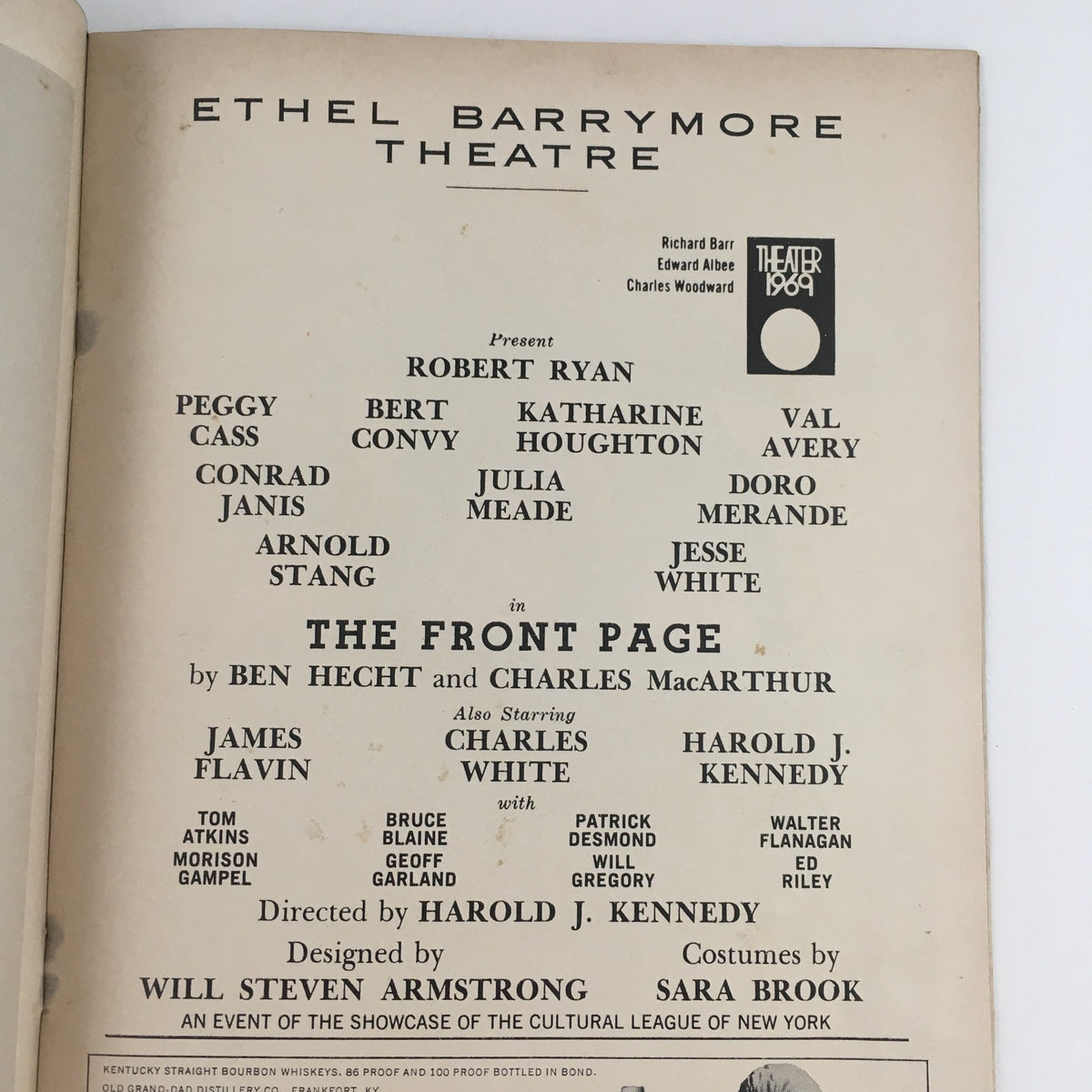 Cover page of the 1969 Playbill for 'The Front Page' displayed at Ethel Barrymore Theatre, featuring cast details including Robert Ryan, Katharine Hepburn, and others, highlighting the theatrical production.