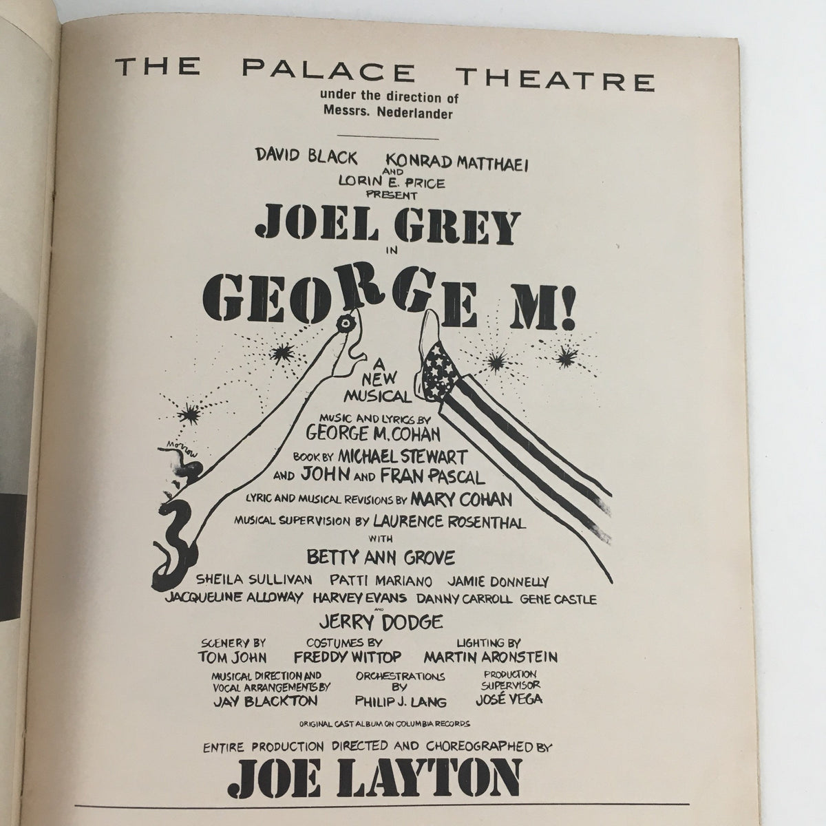 Interior page of the 1968 Playbill for George M! starring Joel Grey, highlighting cast details and production staff under the direction of Joe Layton.