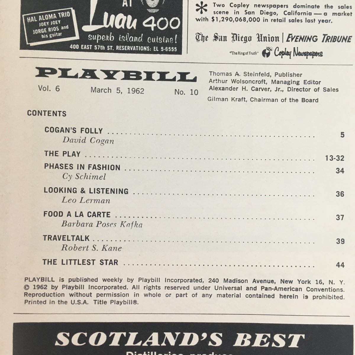 Inside page of the 1962 Playbill The Old Vic Company, featuring the contents and list of performances at New York City Center.