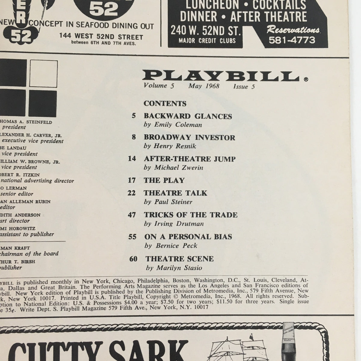 Back cover of the 1968 Playbill for 'There's A Girl In My Soup', showcasing advertisements and details about other theatre productions.