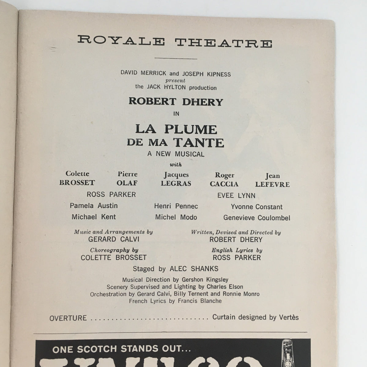 1959 Playbill for the musical La Plume De Ma Tante at Royale Theatre featuring cast and crew details, showcasing a piece of Broadway history.
