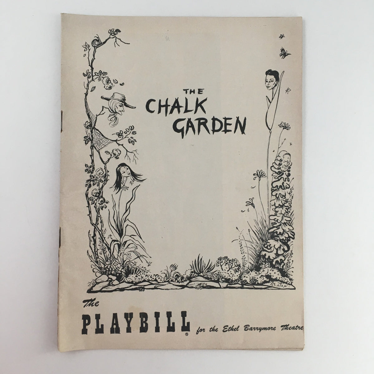 1955 Playbill for The Chalk Garden, featuring artistic illustrations and text on the cover, from the Ethel Barrymore Theatre.