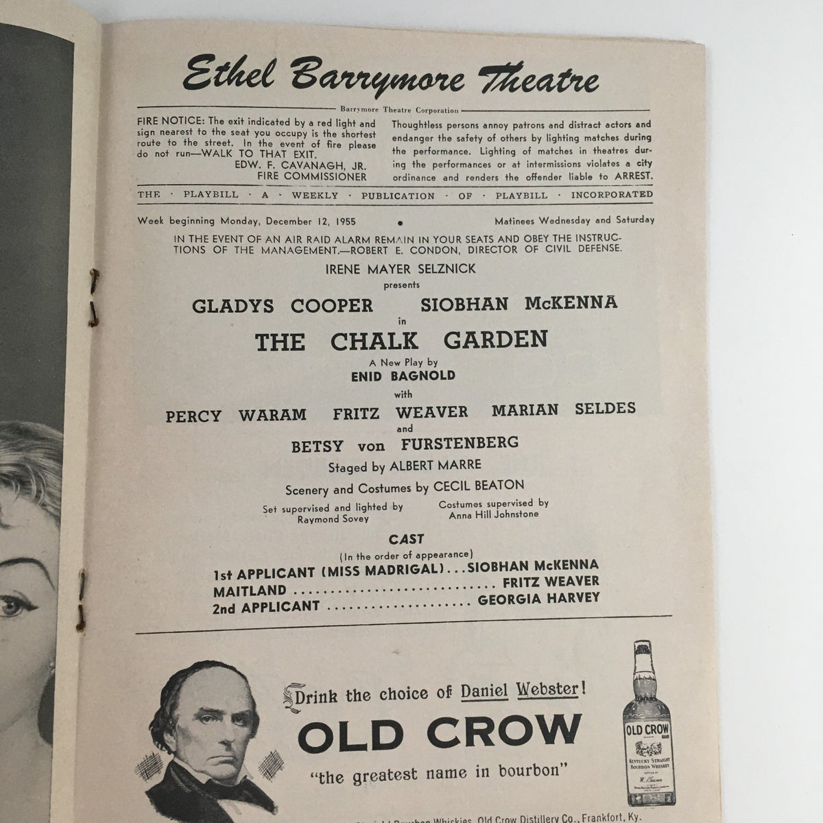 Interior page of the 1955 Playbill for The Chalk Garden, detailing cast and credits at the Ethel Barrymore Theatre.