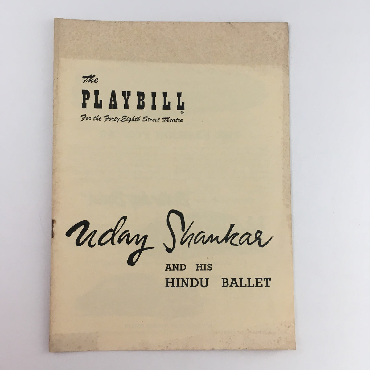 1949 Playbill for Uday Shankar and His Hindu Ballet at Forty-Eighth Street Theatre showcasing the title and artist.
