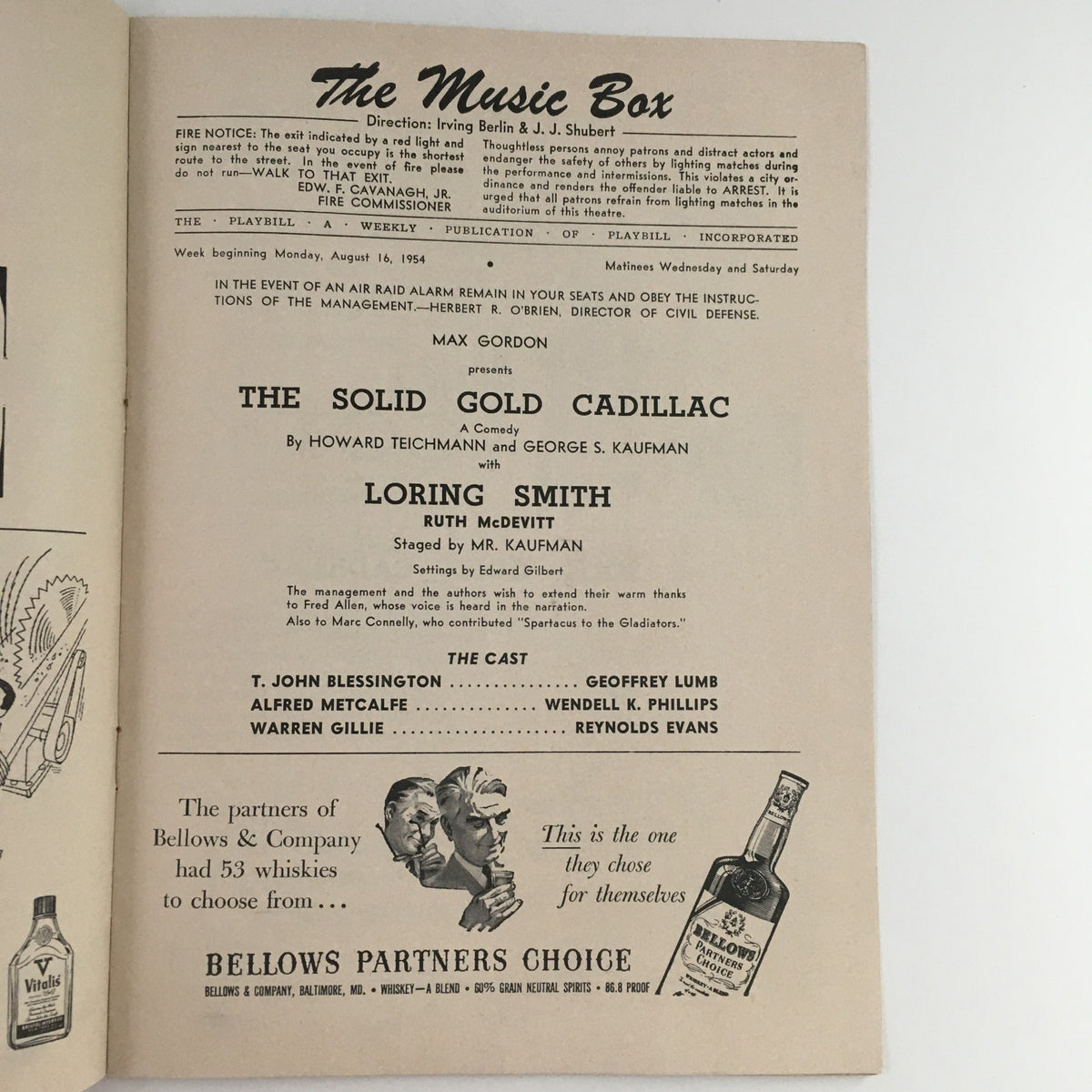 Theatrical page showcasing the 1955 Playbill for The Solid Gold Cadillac, highlighting the play's cast and production team at The Music Box Theatre.