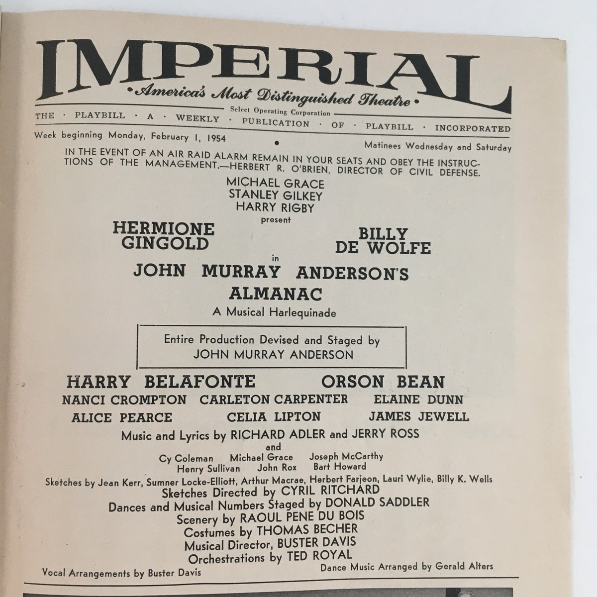 Inside view of the 1954 Playbill for John Murray Anderson's Almanac, displaying production details and cast information at the Imperial Theatre.