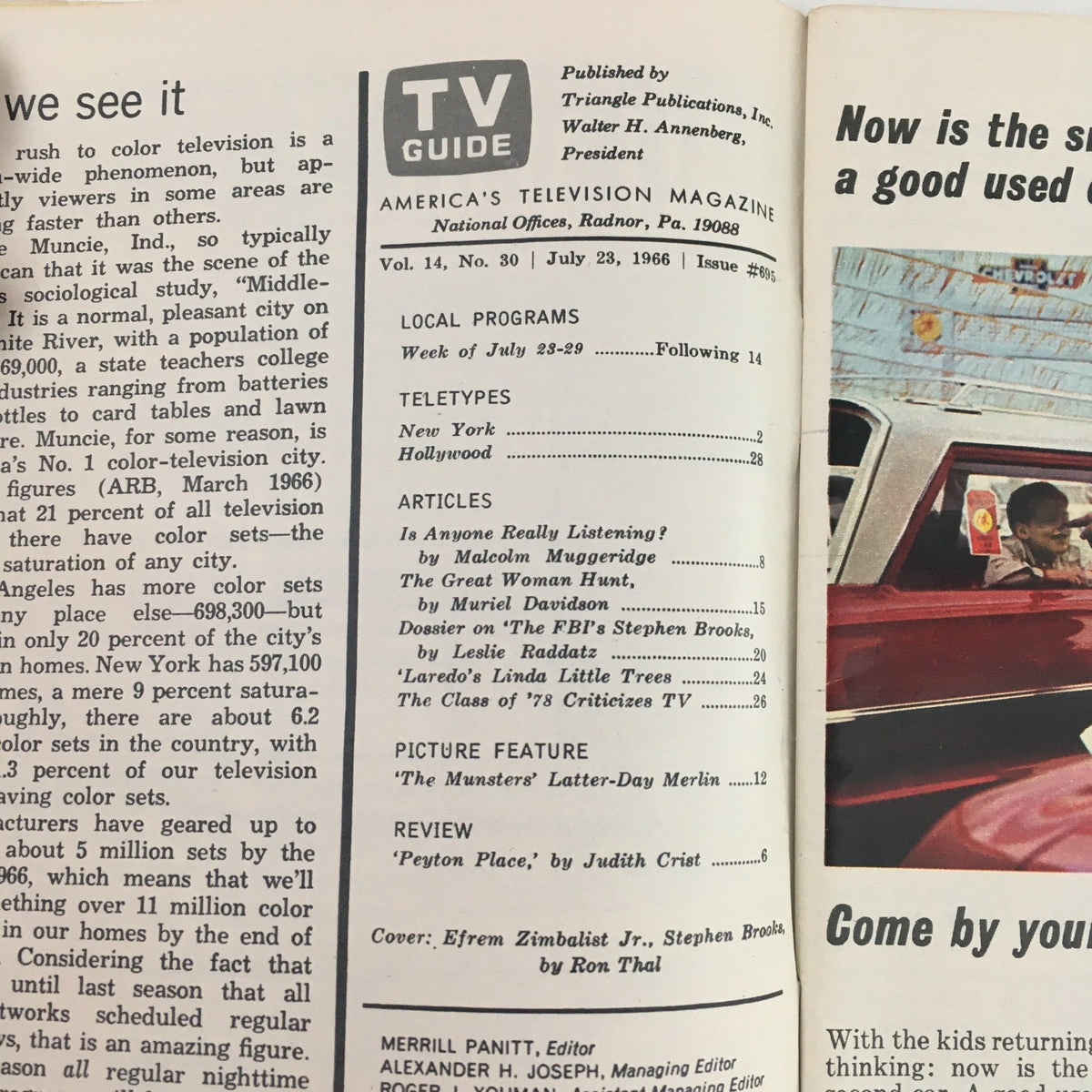 Inside page of TV Guide July 23 1966 Issue 695, displaying local program listings and articles, highlighting Efrem Zimbalist Jr. and Stephen Brooks.