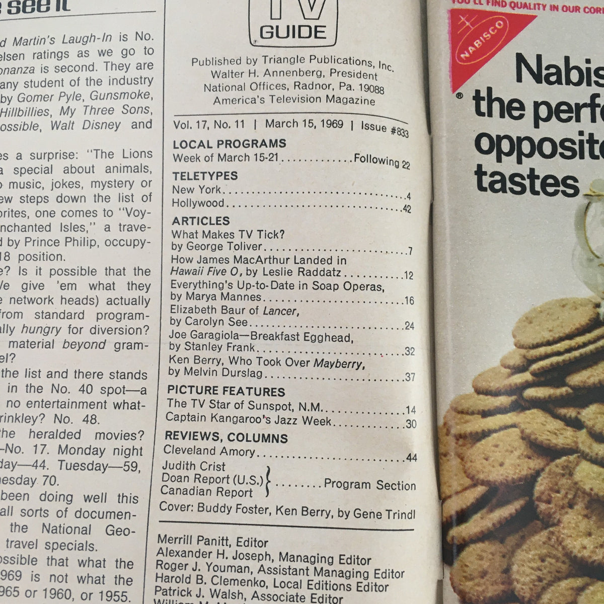Interior page of TV Guide March 15 1969, highlighting local programs and articles relevant to television history, featuring Buddy Foster and Ken Berry.