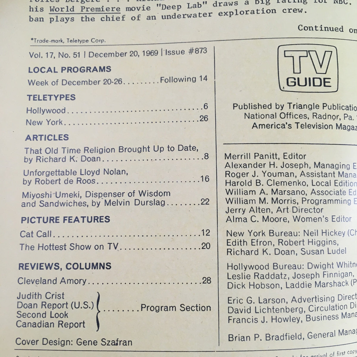 TV Guide December 20, 1969 Vol 17 #51 back cover including detailed listings and articles such as 'That Old Time Religion' and 'Cleveland Amory', featuring a cover design by Gene Szafran.