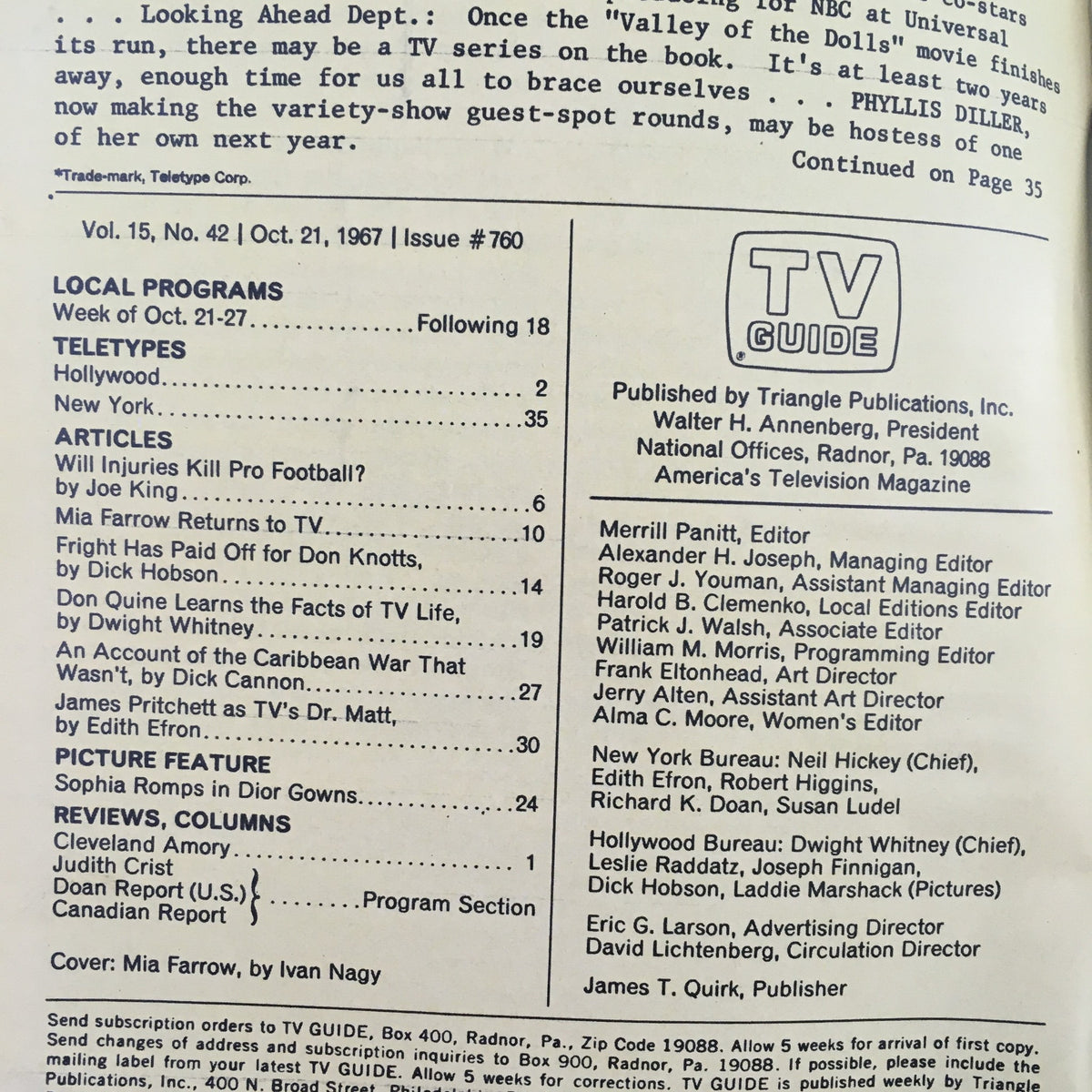 Interior page of TV Guide October 21 1967 Vol 15 #42, listing local programs and articles, including a feature on Mia Farrow's return to television.