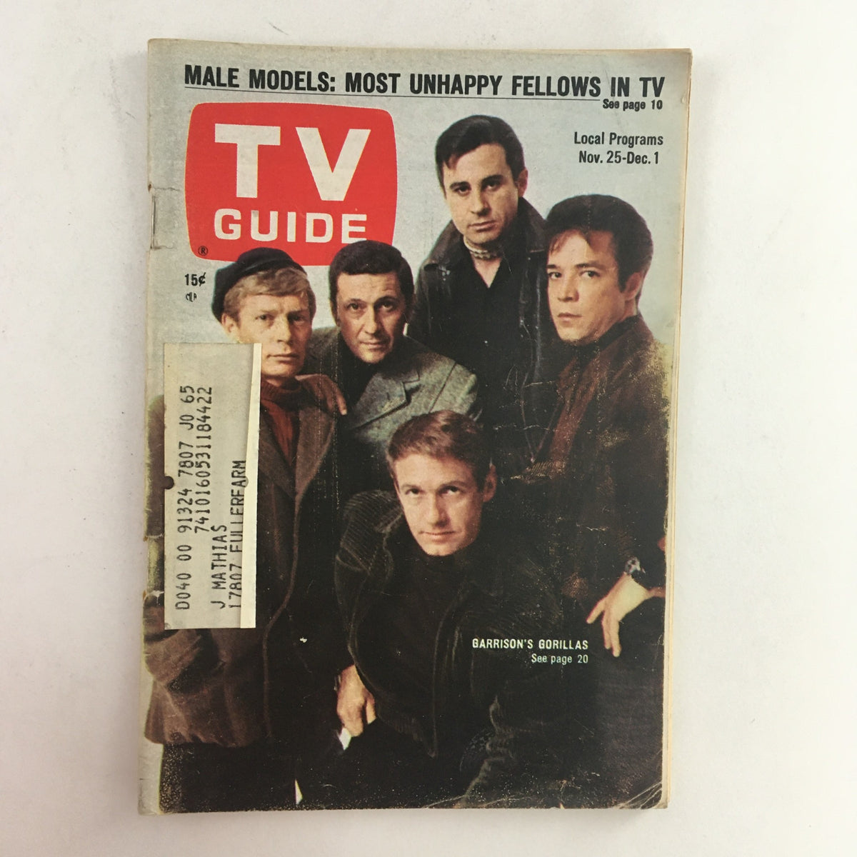Cover of TV Guide November 25 1967 Issue 765 featuring the cast of Garrison's Gorillas, showcasing a vintage television magazine from Los Angeles.