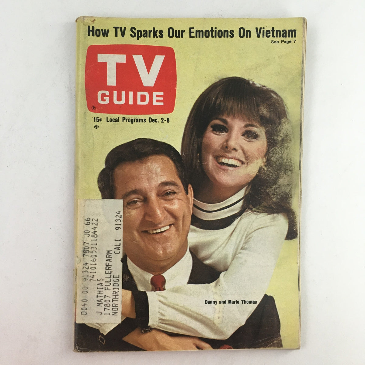 Cover of TV Guide December 2, 1967 #766 featuring Danny and Marlo Thomas, showcasing vintage design and nostalgic television appeal.