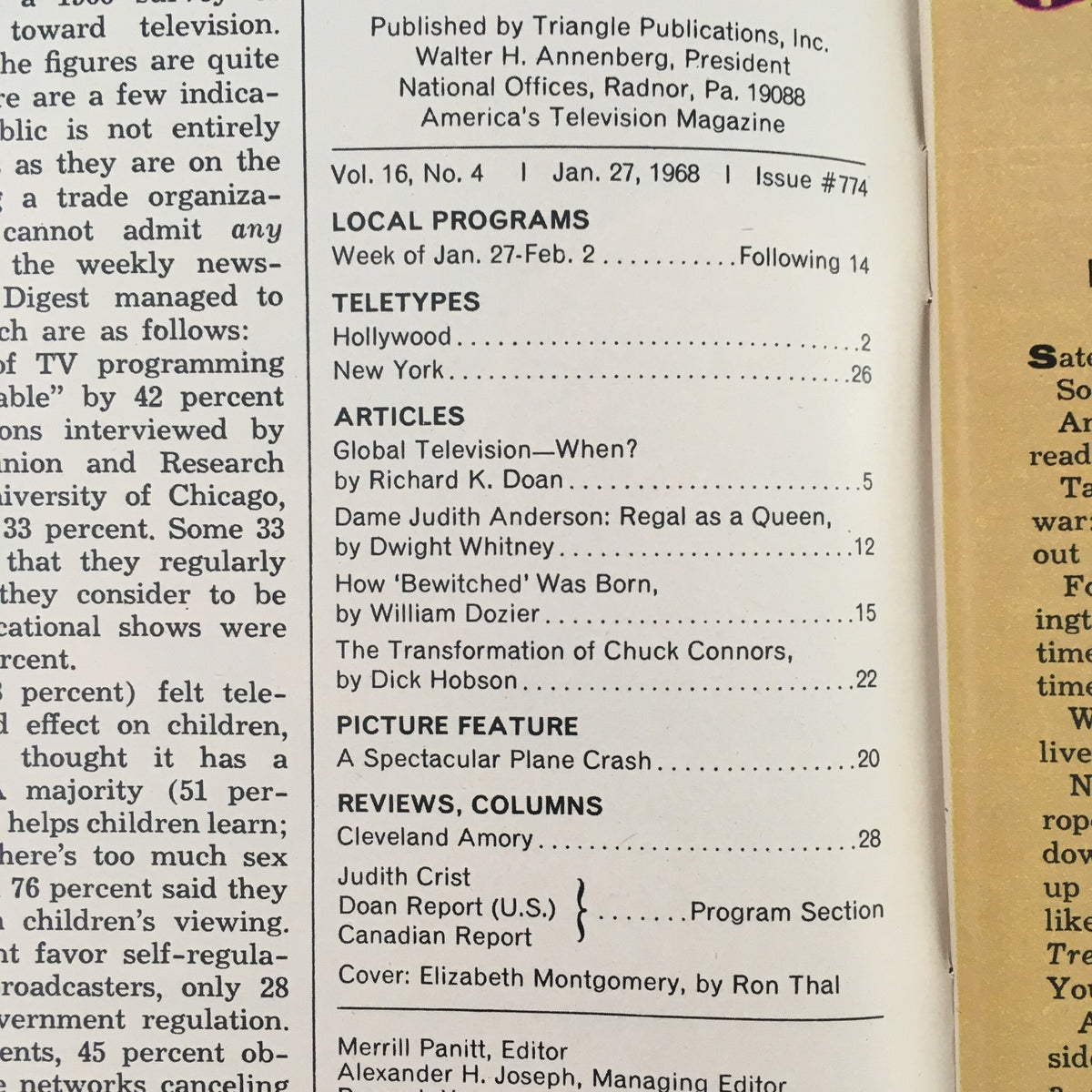 Inside page of the TV Guide January 27 1968 #774, detailing articles and programming, highlighting Elizabeth Montgomery and features about classic television shows.