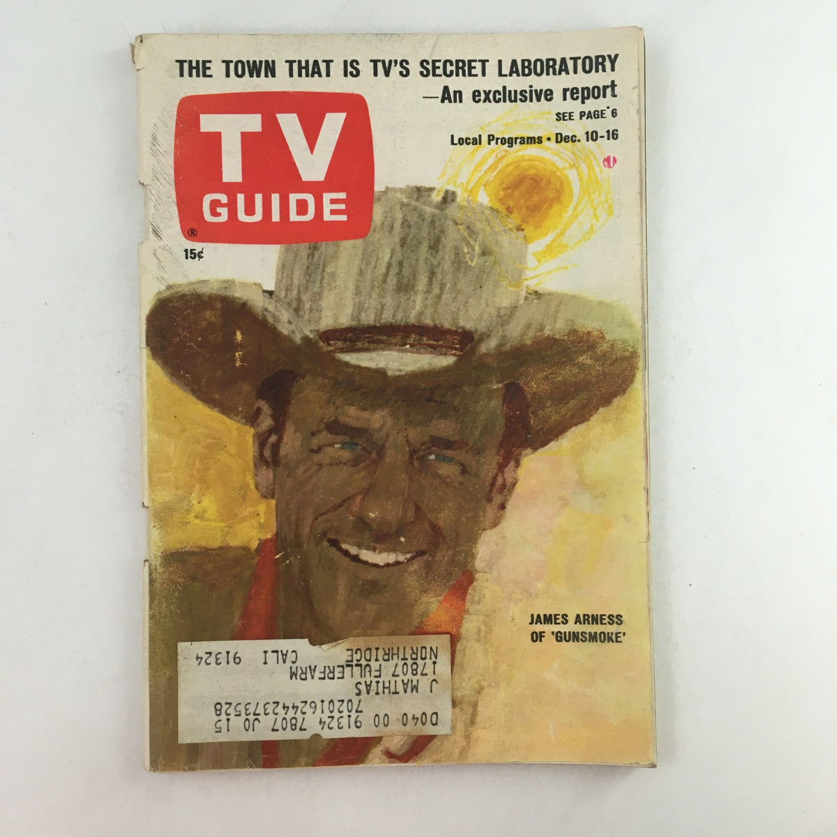 Cover of the TV Guide December 10, 1966 featuring James Arness from Gunsmoke, showcasing vibrant artwork and vintage style.