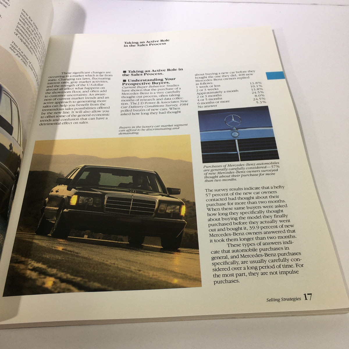 Interior page of the 1986 Mercedes-Benz Product and Sales Information Brochure discussing sales strategies with an image of a Mercedes-Benz car.