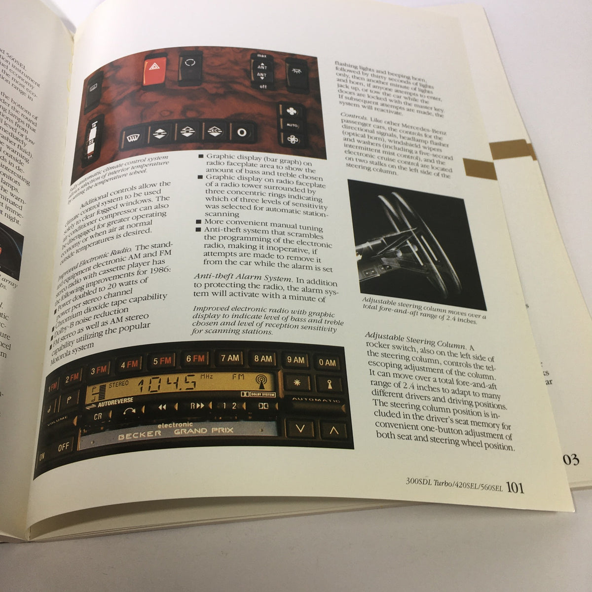 1986 Mercedes-Benz Product and Sales Information Brochure page displaying the audio system controls and features of Mercedes vehicles.
