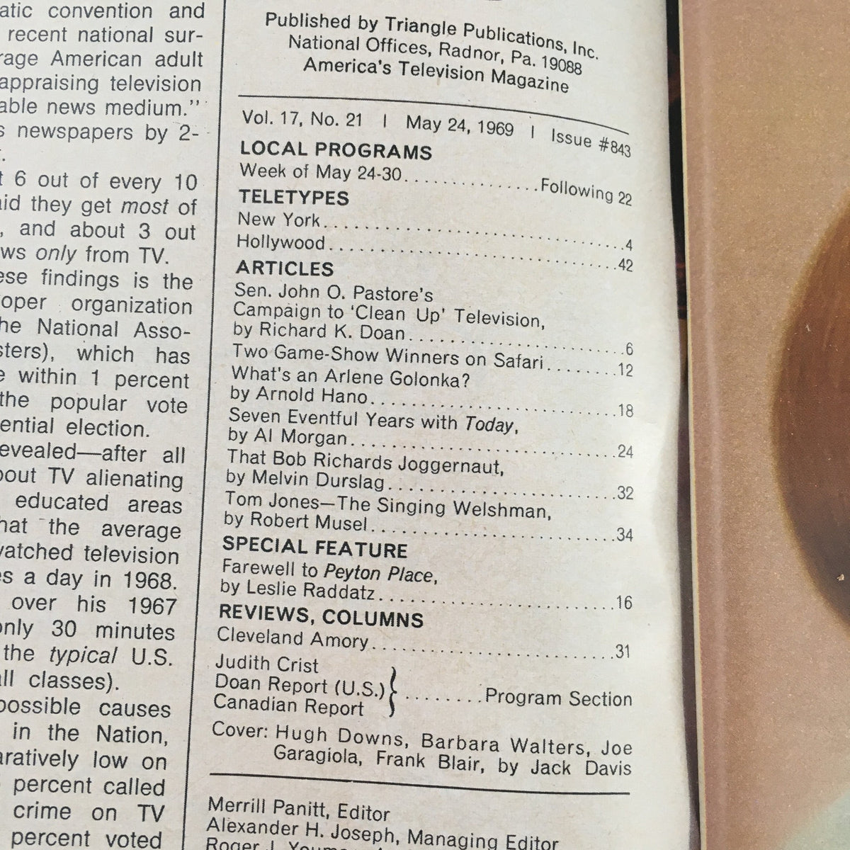 Inside page of TV Guide May 24 1969 showcasing articles and column titles, emphasizing television history and popular programming of the era.