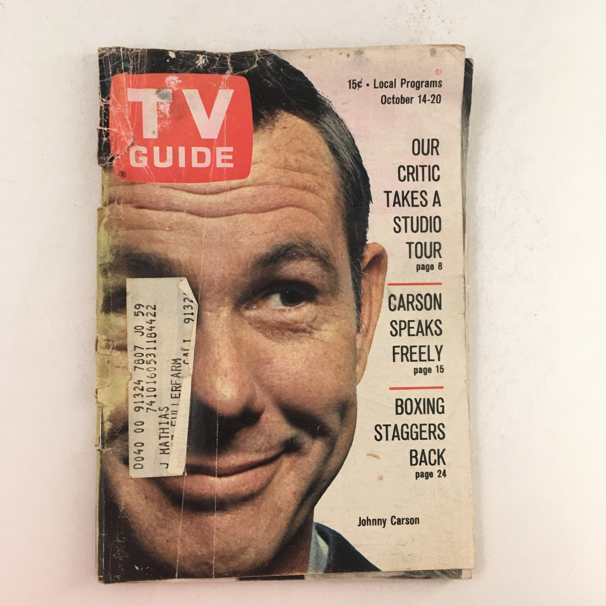 TV Guide October 14 1967 featuring Johnny Carson on the cover, highlighting topics like studio tours and boxing, showcasing vintage television nostalgia.