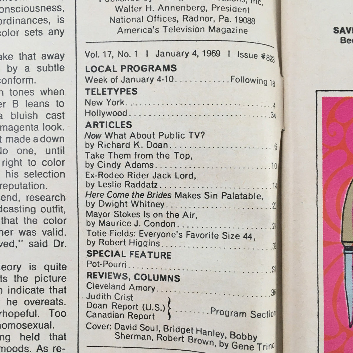 Inside page of TV Guide January 4, 1969 displaying articles and program listings from the era, providing a nostalgic look at the television landscape of the late 60s.