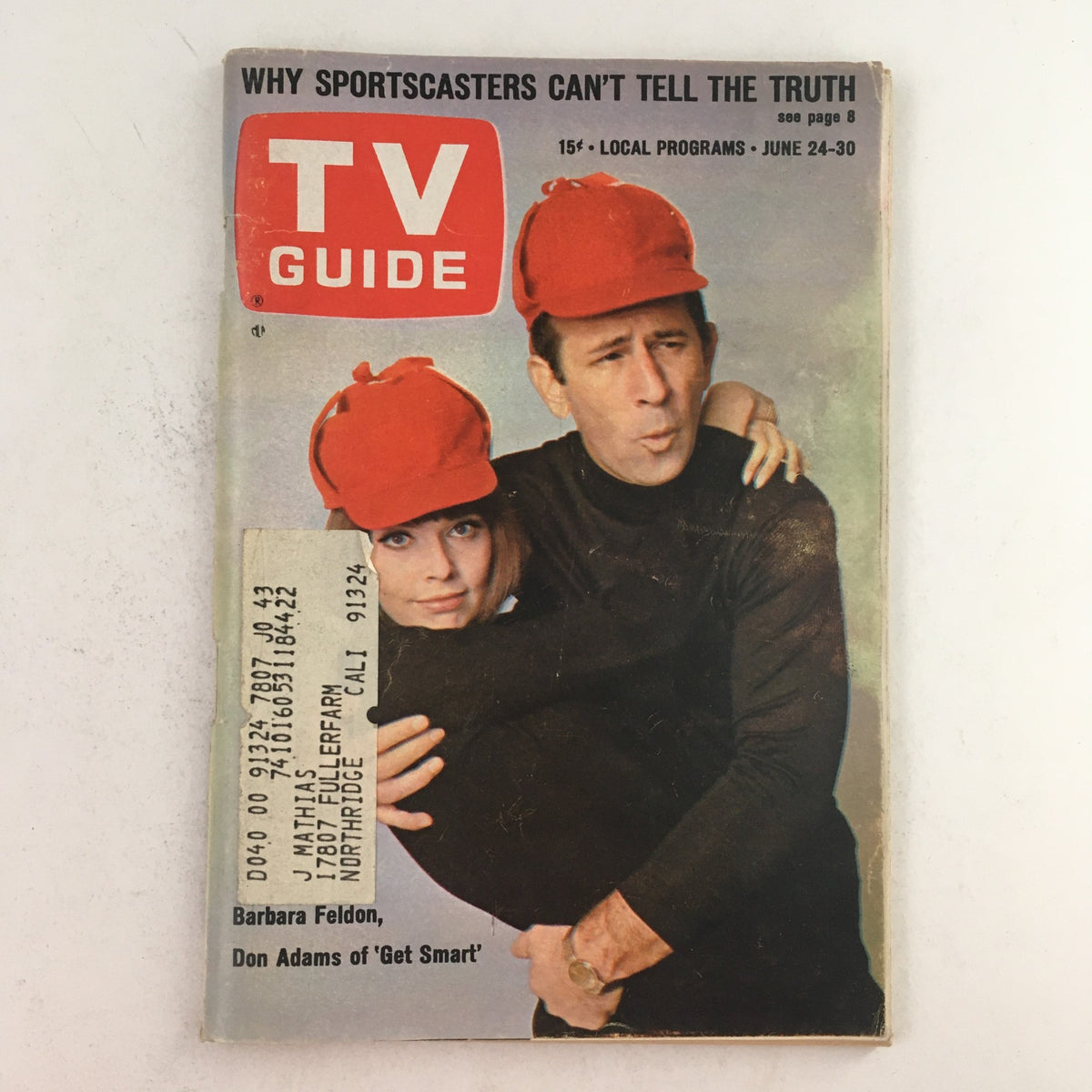 TV Guide June 24 1967 featuring Barbara Feldon and Don Adams on the cover, showcasing vintage design elements and an address label, making it a collectible item for fans of classic television.