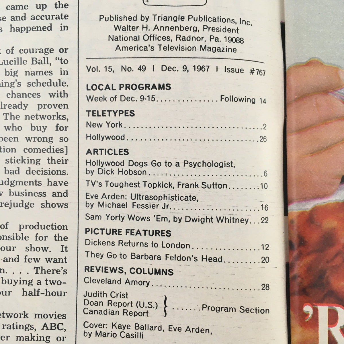 Interior page of TV Guide December 9, 1967, detailing local programs with articles and features on television personalities and shows.