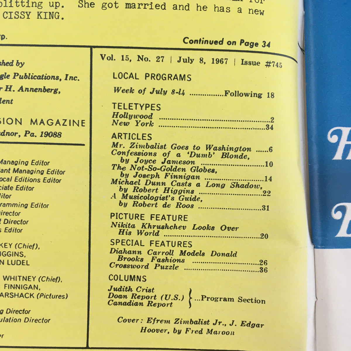 Inside page of TV Guide July 8 1967 #745 listing articles including titles related to Efren Zimbalist Jr. and J. Edgar Hoover, illustrating the material within the vintage magazine.