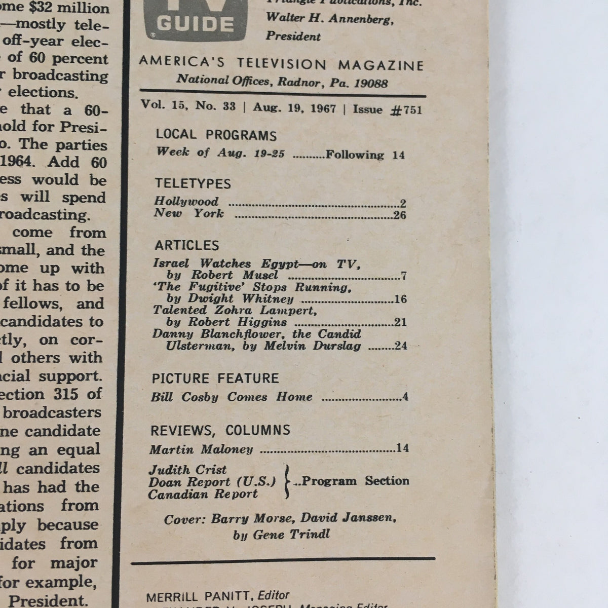 Inside page of TV Guide August 19 1967 showing articles and program listings, highlighting the television landscape of the era.
