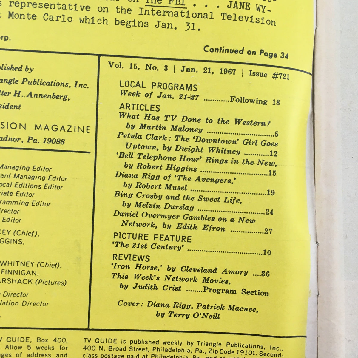 Back cover of TV Guide January 21 1967 featuring articles, programs, and Diana Rigg & Patrick Macnee.