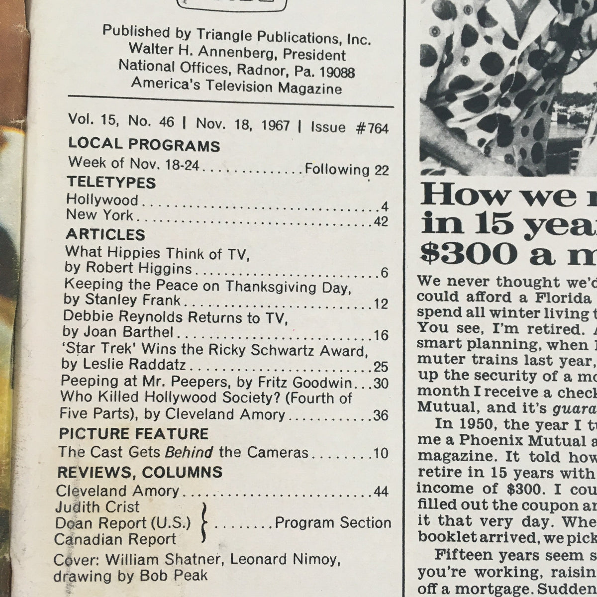 Inside page of TV Guide November 18, 1967, displaying publication details and articles including a feature on Star Trek.