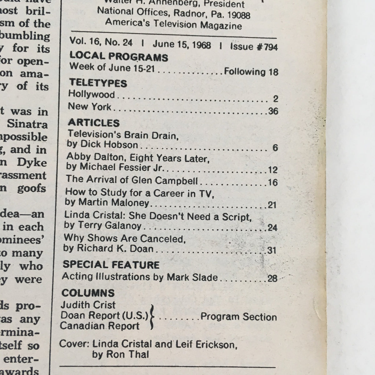 Cover page of TV Guide June 15 1968 #794 featuring an article lineup and advertisements, offering a glimpse into the television culture of the late 1960s.