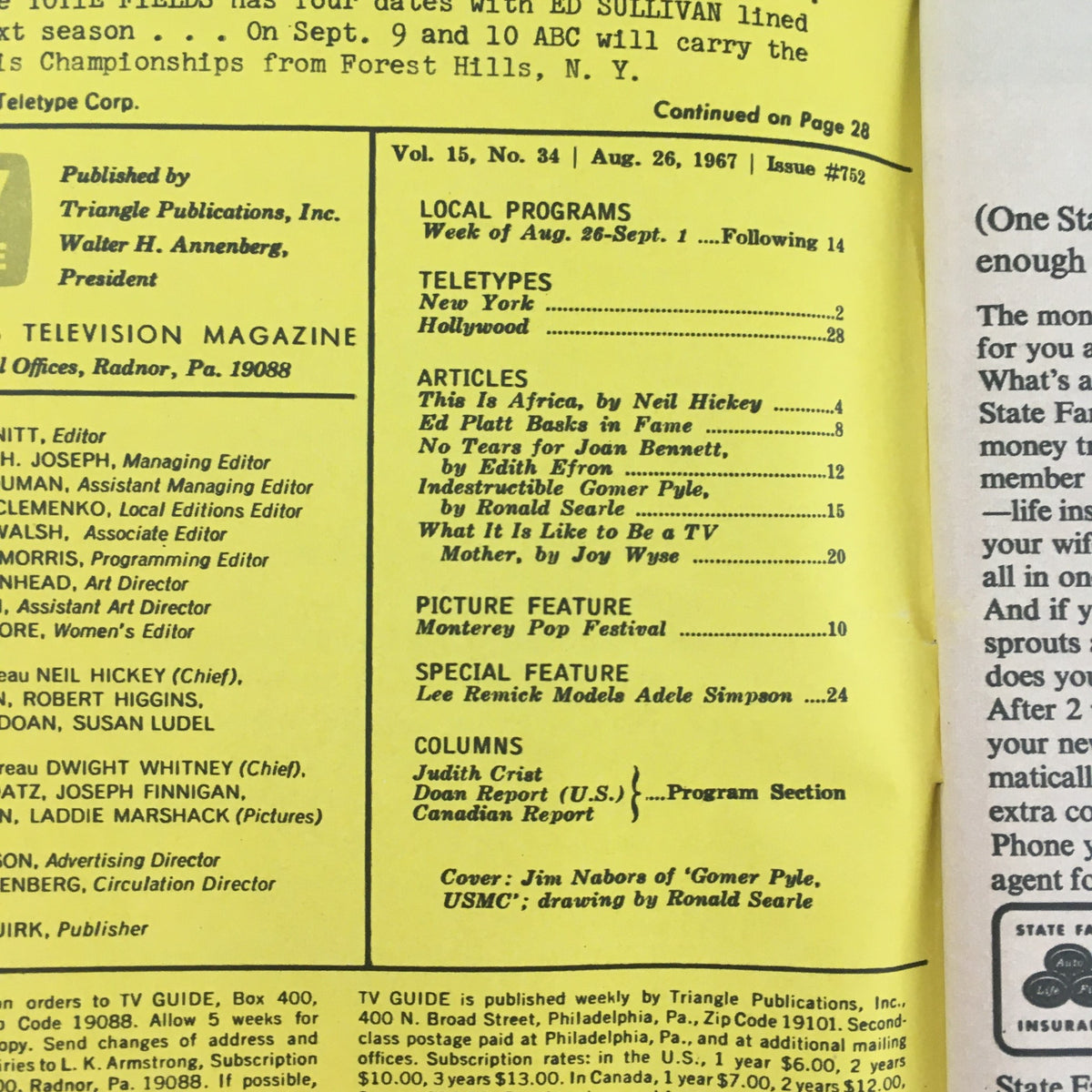 Page from TV Guide August 26, 1967 featuring Jim Nabors as Gomer Pyle, detailing local programs and articles.
