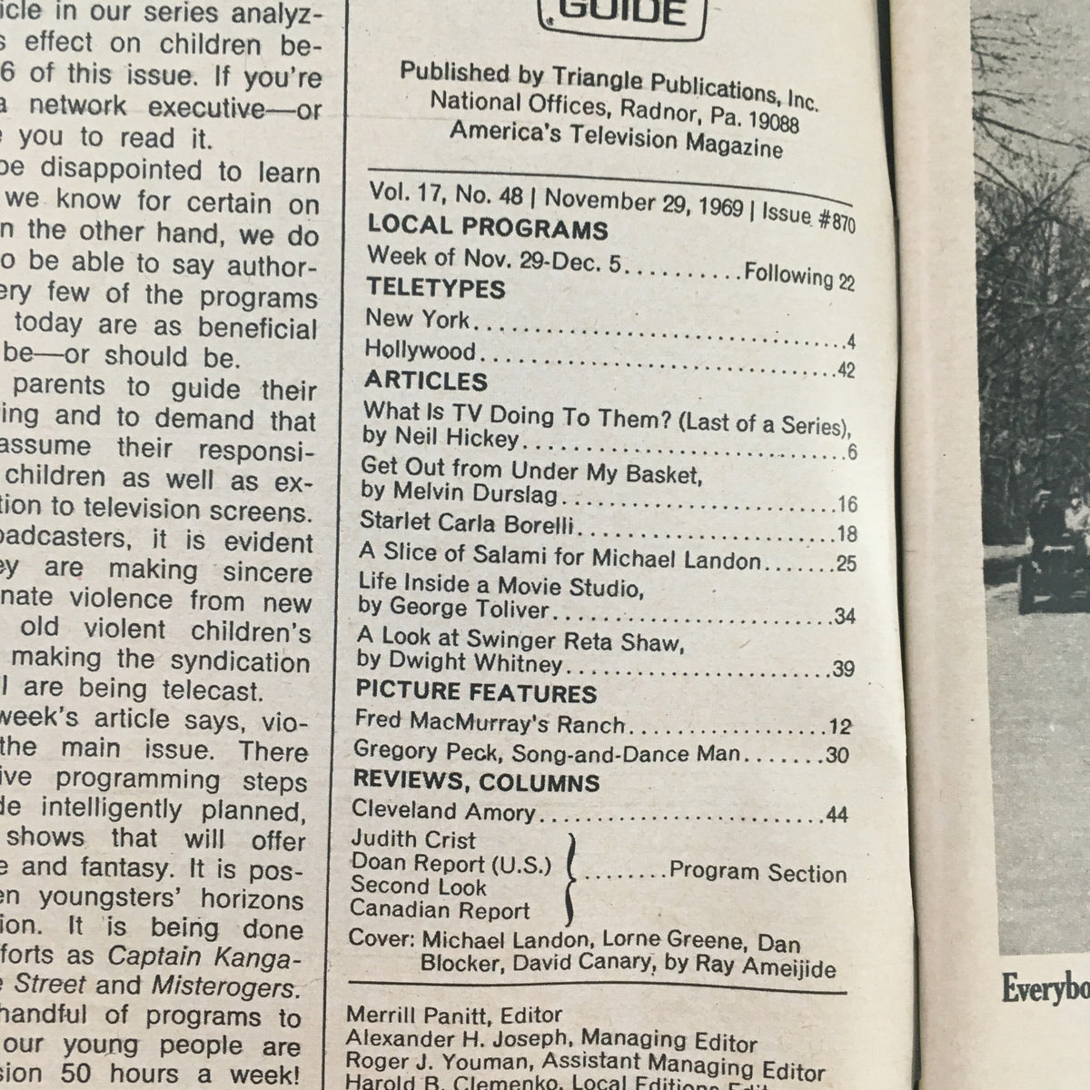 TV Guide November 29 1969, showcasing the table of contents including articles and features covering classic television programs with Michael Landon and Lorne Greene.