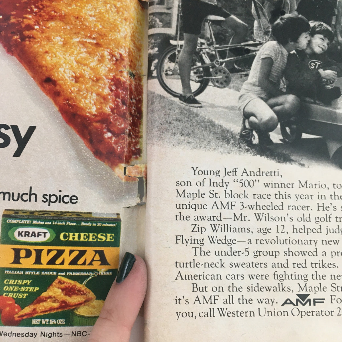 TV Guide November 29 1969, highlighting an advertisement for Kraft Cheese Pizza alongside a feature on young Jeff Andretti, reflecting cultural moments of the era.